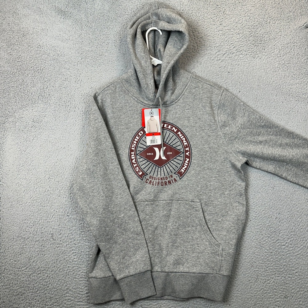 NEW Hurley Hoodie Mens Medium Grey Graphic Pullover Sweatshirt Drawstring NEW
